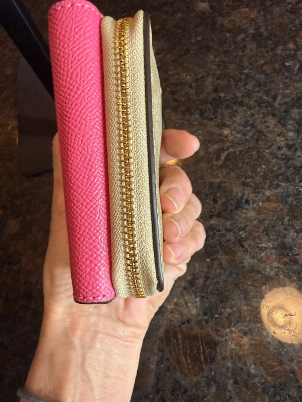 Coach Pink Textured Leather Compact Wallet with Gold Logo